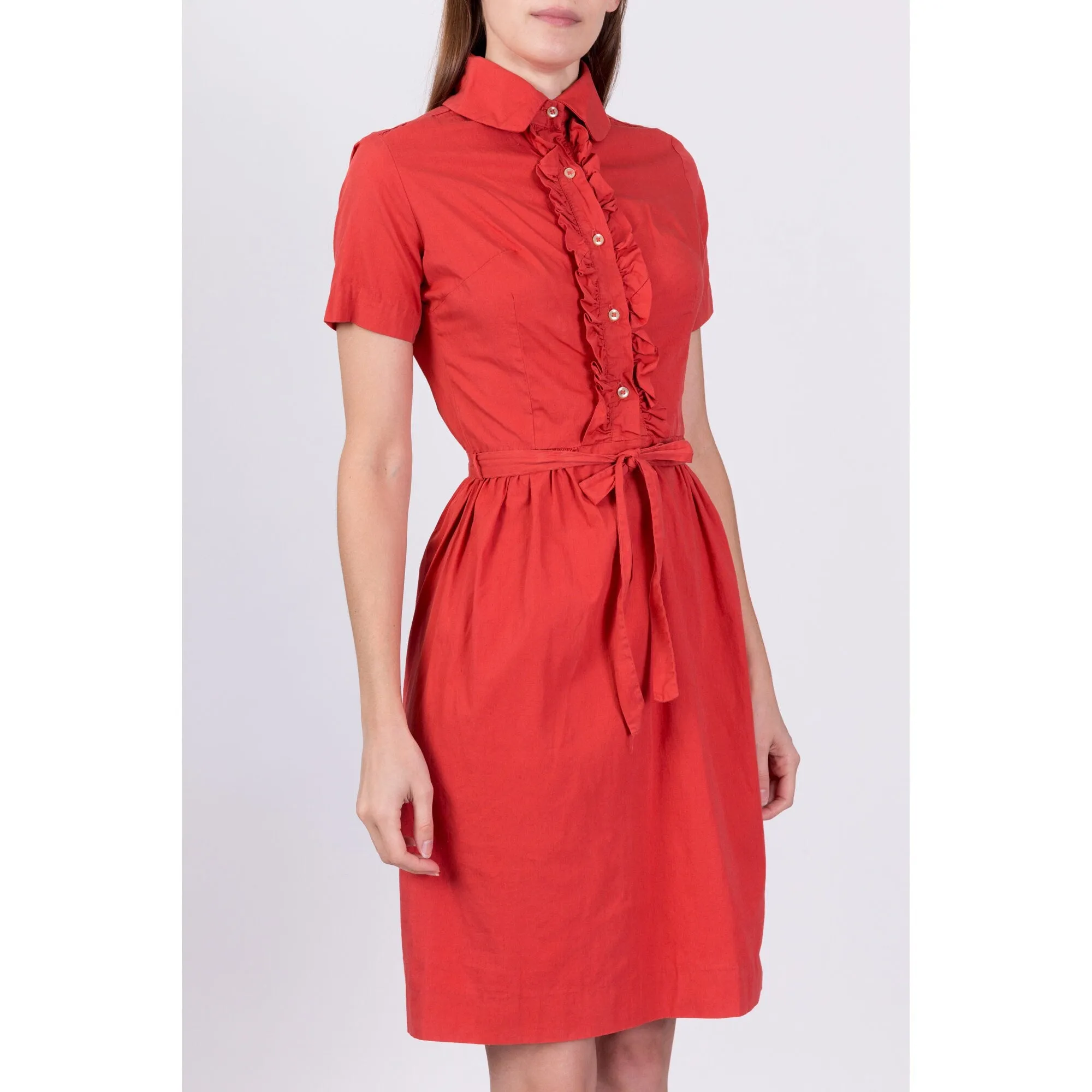 1950s Salmon Pink Ruffle Trim Shirtdress - Extra Small
