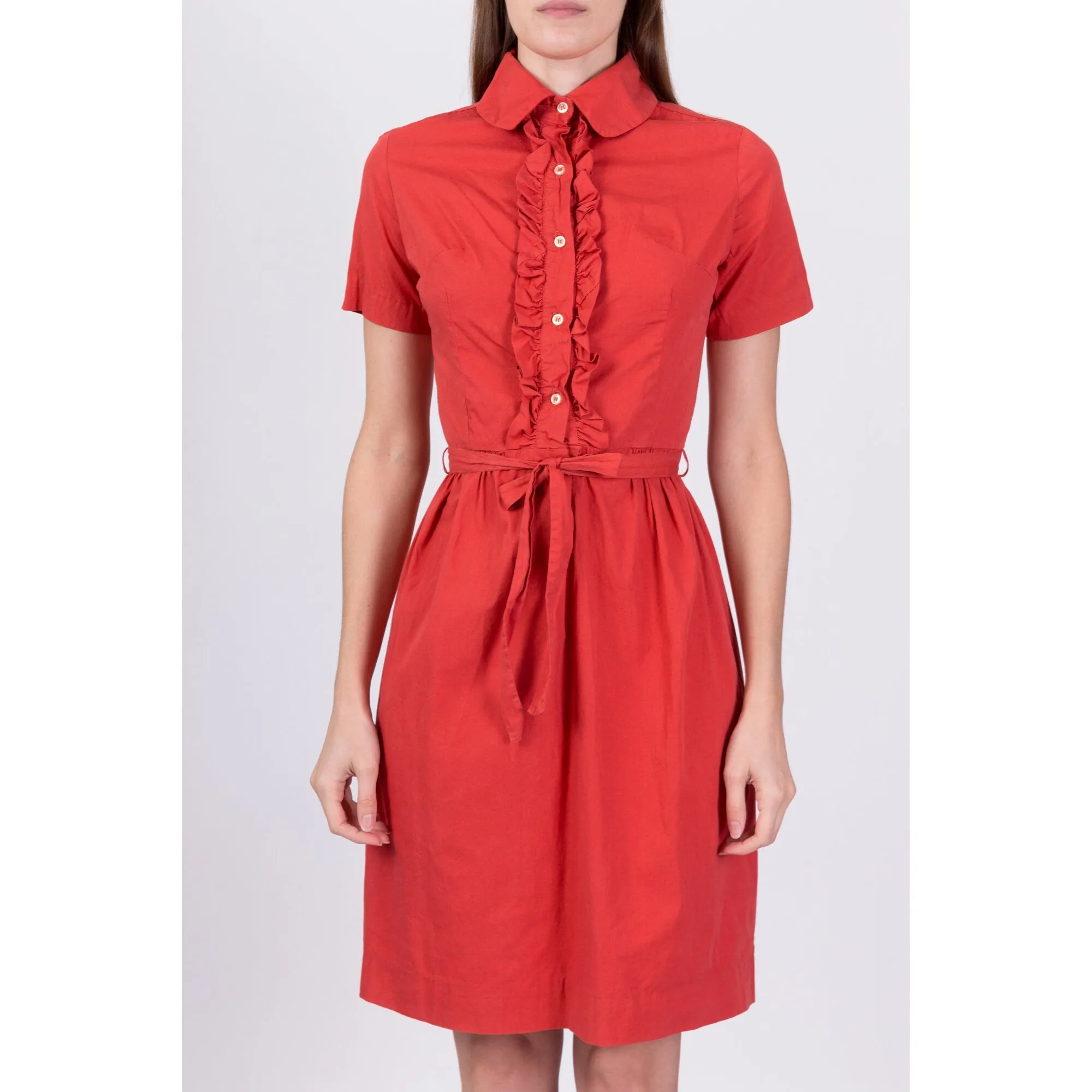 1950s Salmon Pink Ruffle Trim Shirtdress - Extra Small