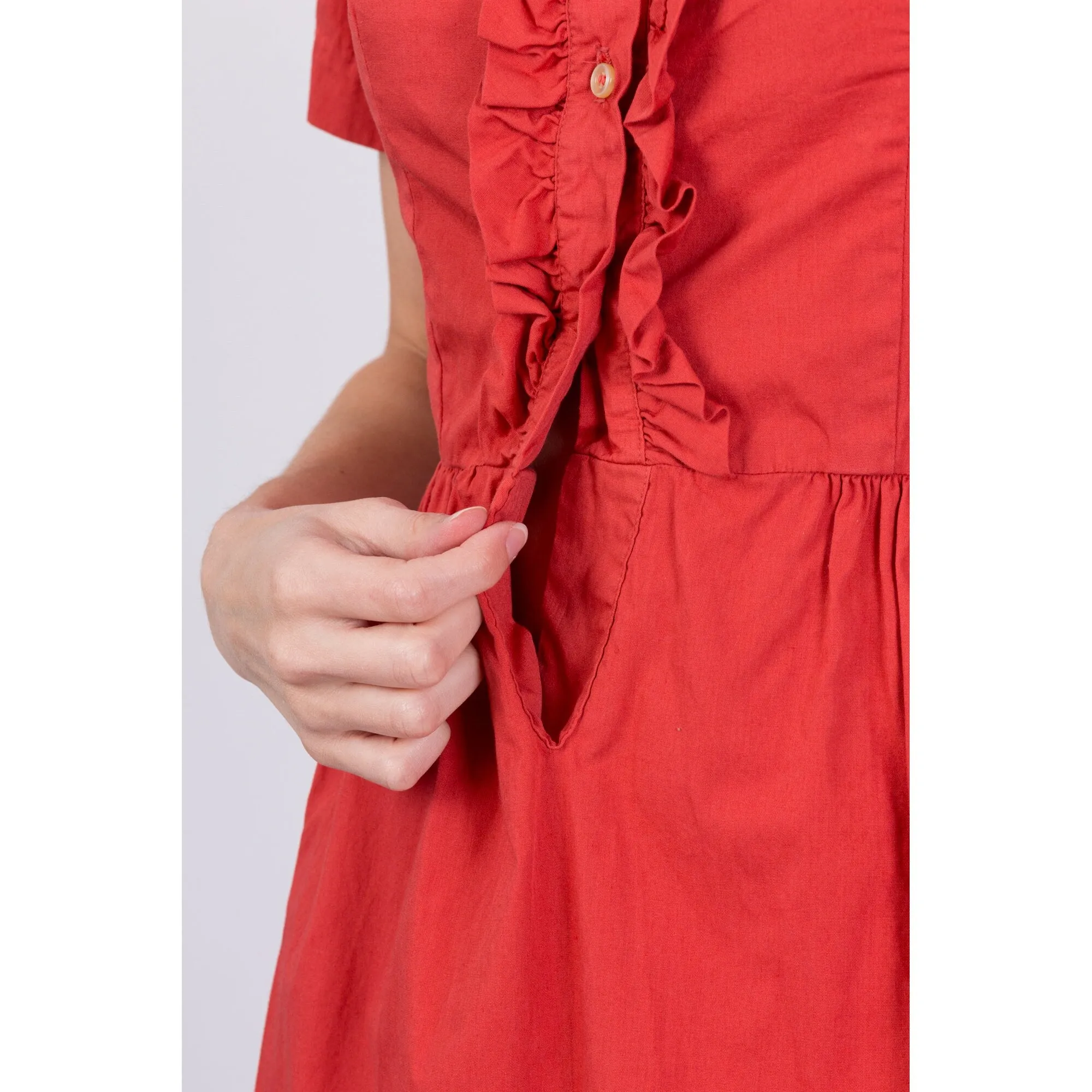 1950s Salmon Pink Ruffle Trim Shirtdress - Extra Small