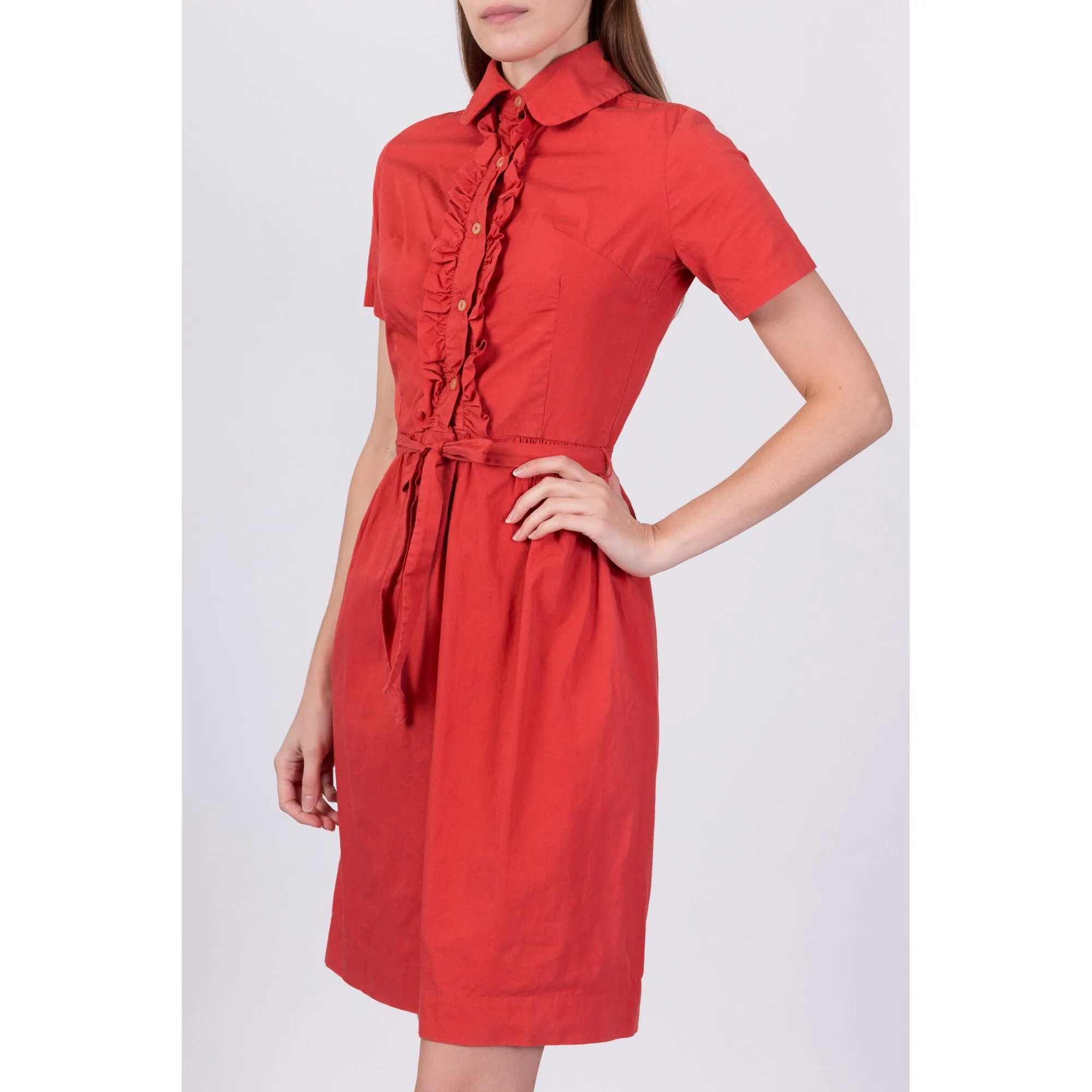 1950s Salmon Pink Ruffle Trim Shirtdress - Extra Small