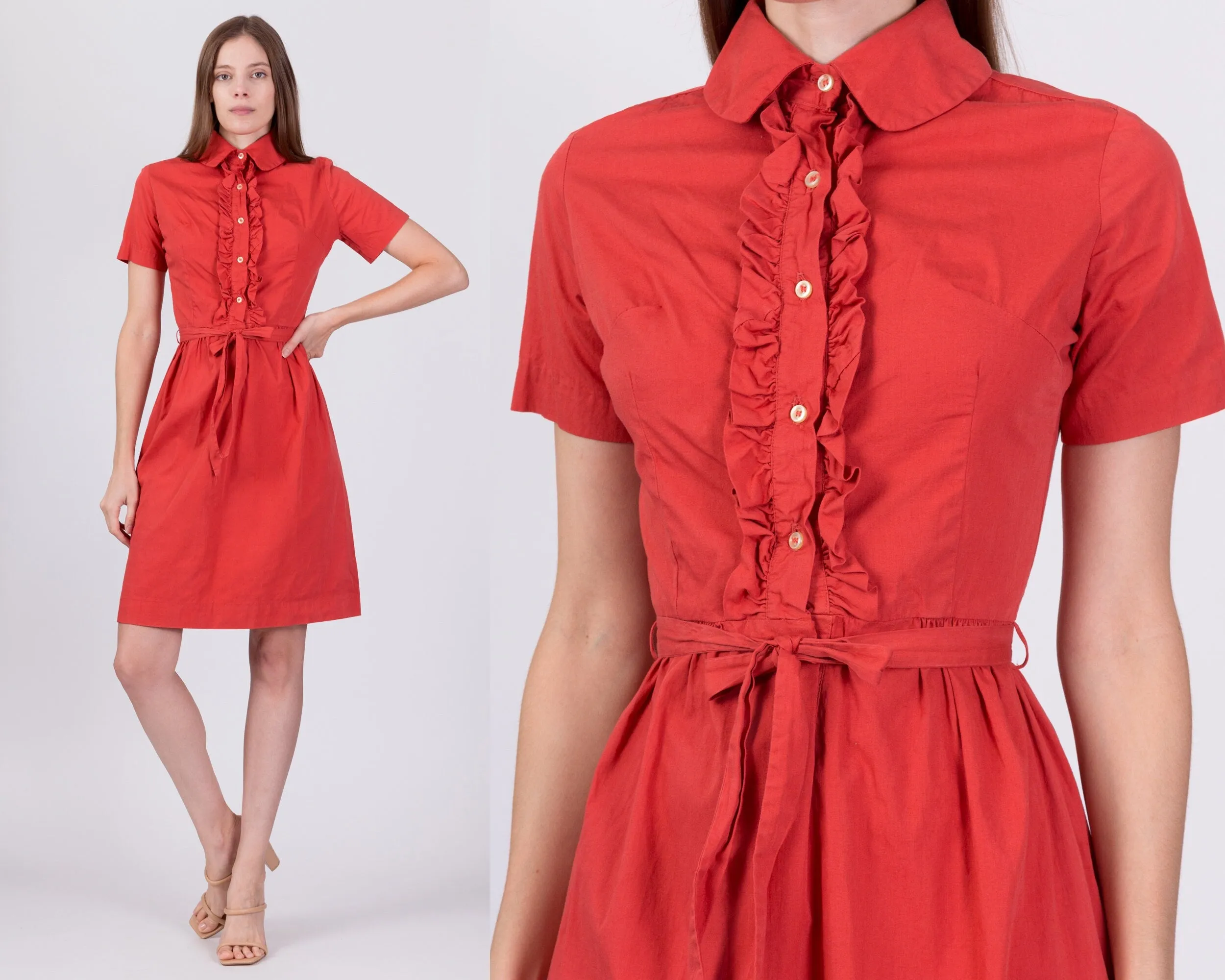 1950s Salmon Pink Ruffle Trim Shirtdress - Extra Small