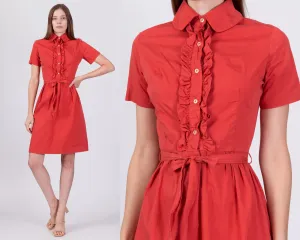 1950s Salmon Pink Ruffle Trim Shirtdress - Extra Small