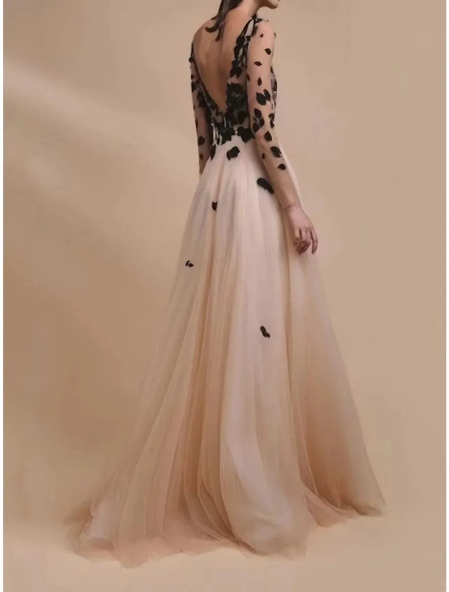 A-Line Evening Gown Champagne Gold Elegant Dress Formal Wedding Guest Sweep / Brush Train Long Sleeve V Neck Tulle with Embroidery