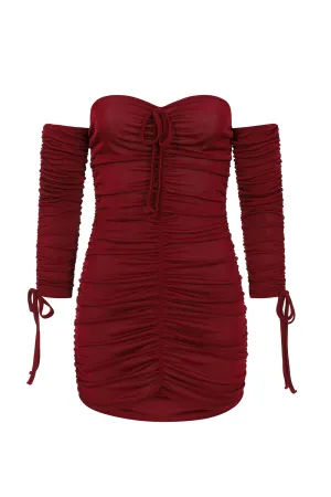 All Ruched Up Berry Off The Shoulder Long Sleeve Slinky Mini Dress