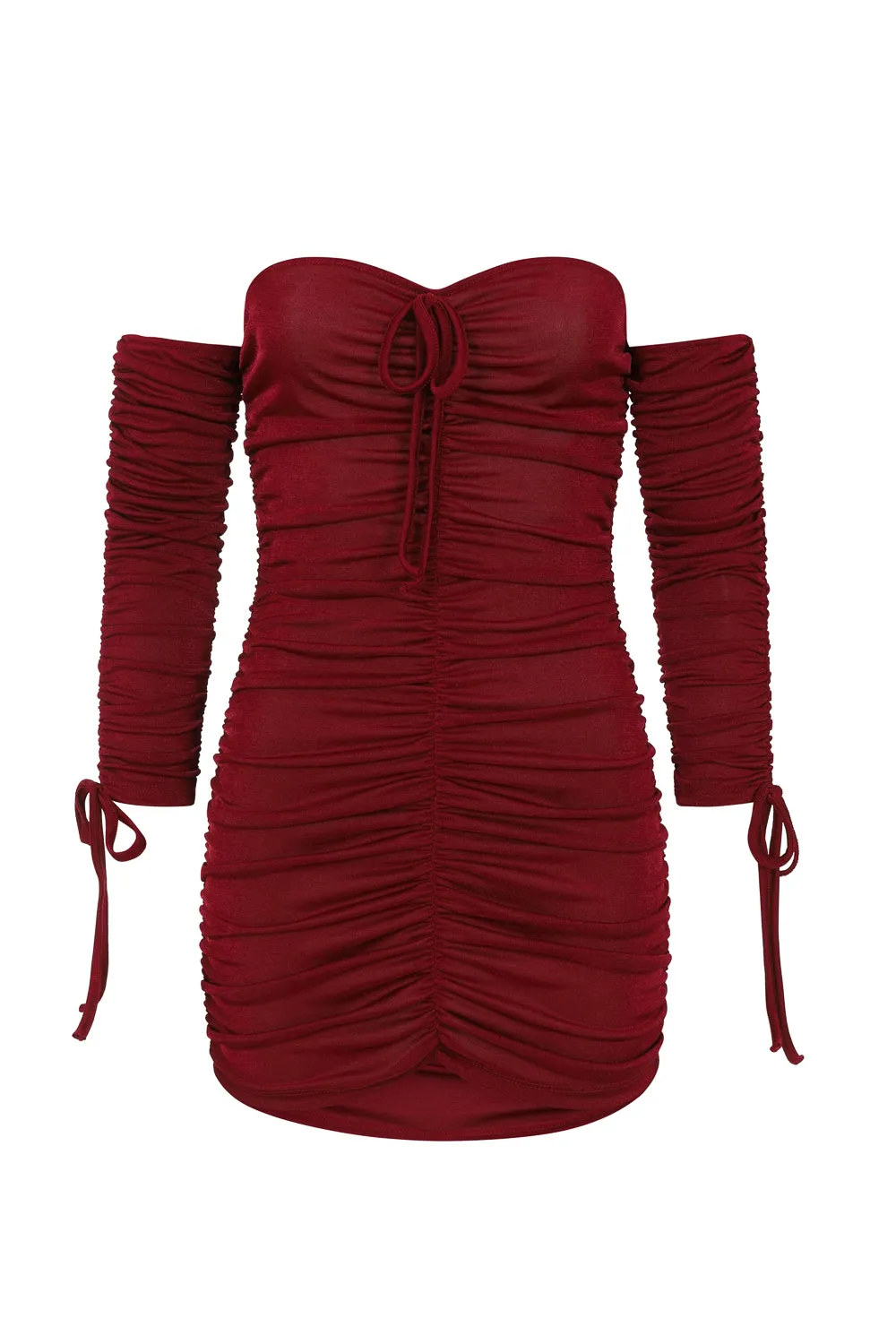 All Ruched Up Berry Off The Shoulder Long Sleeve Slinky Mini Dress