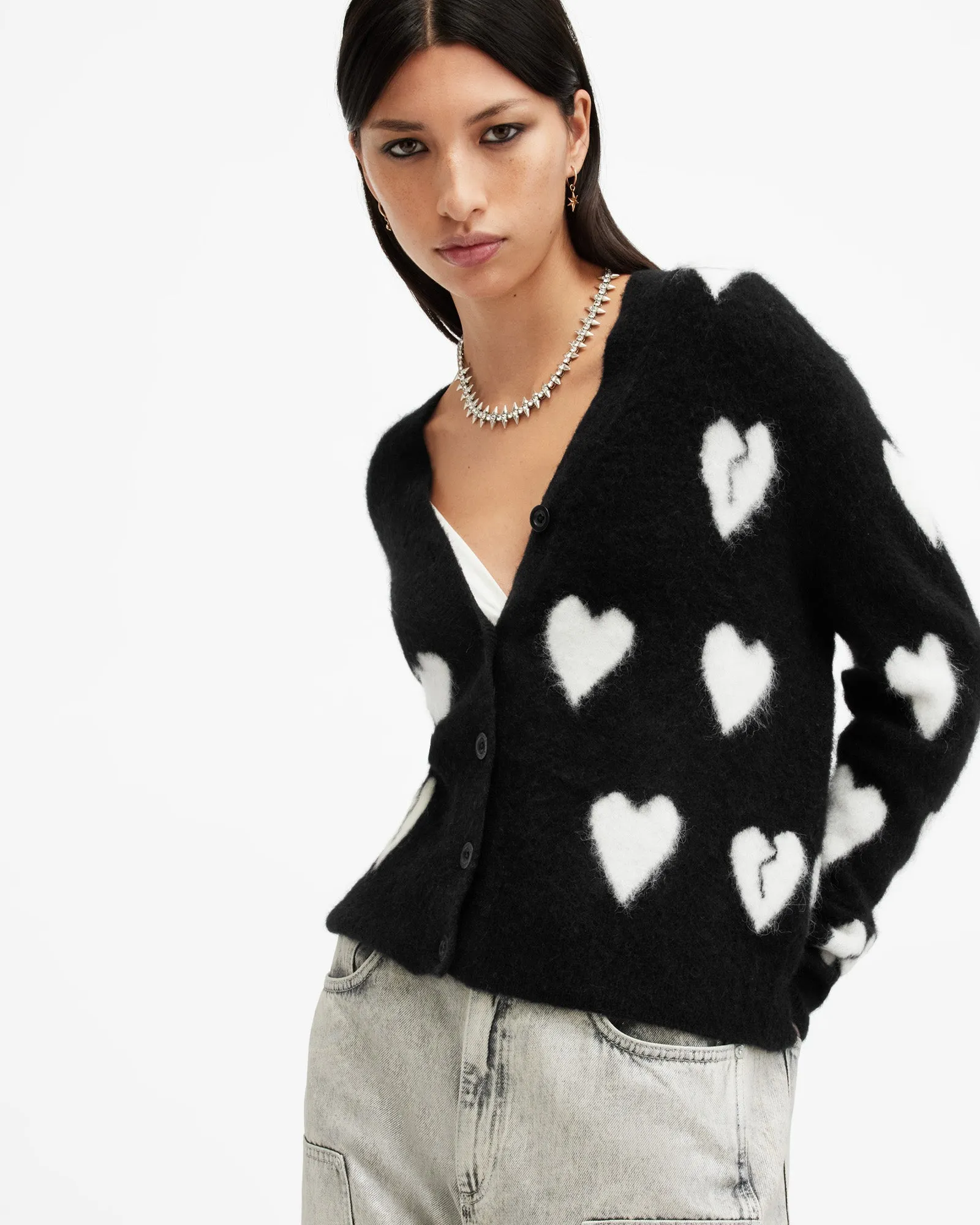 Amora Love Heart Jacquard Brushed Cardigan