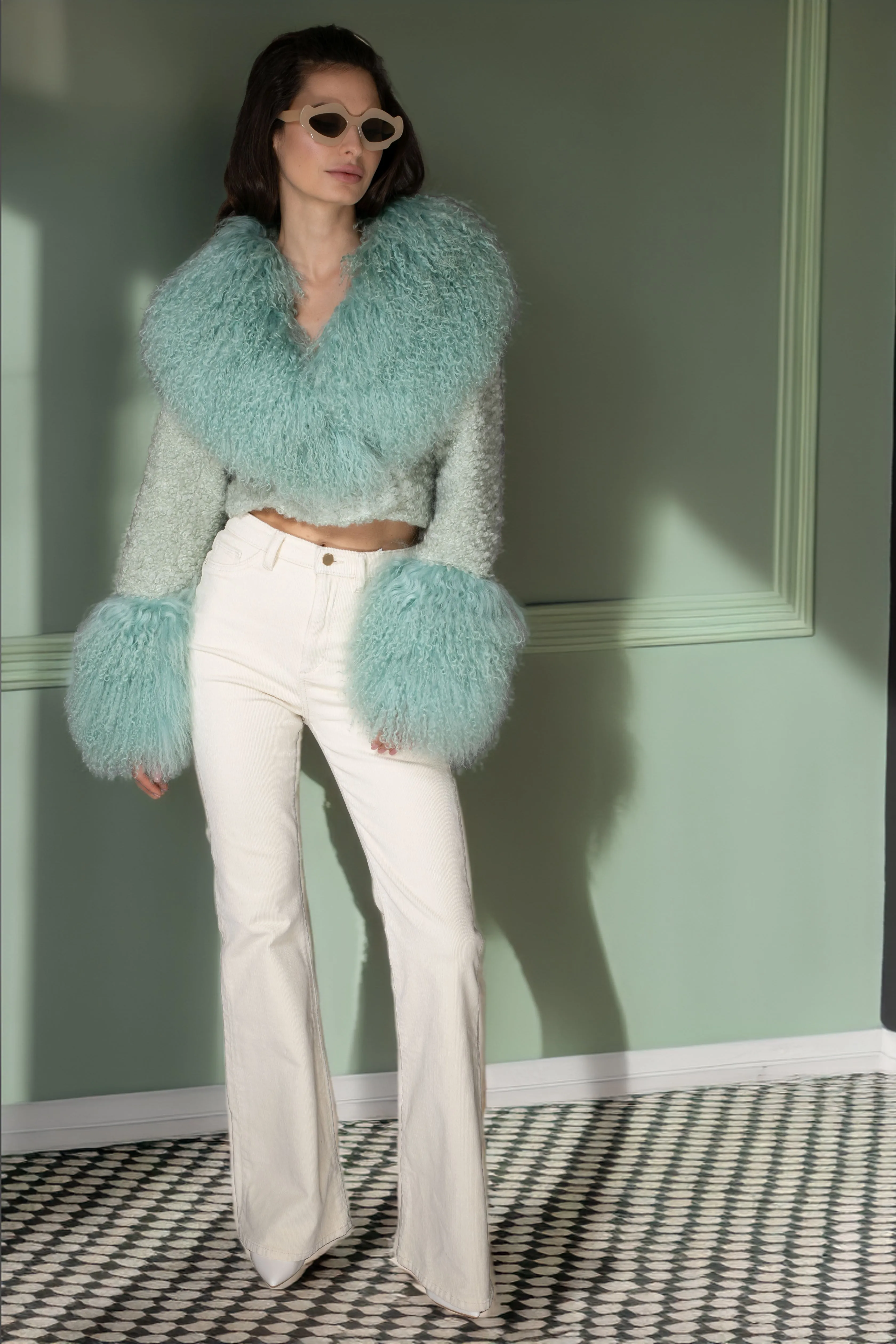 AW Coat - Mint Green Cropped Mongolian Wool