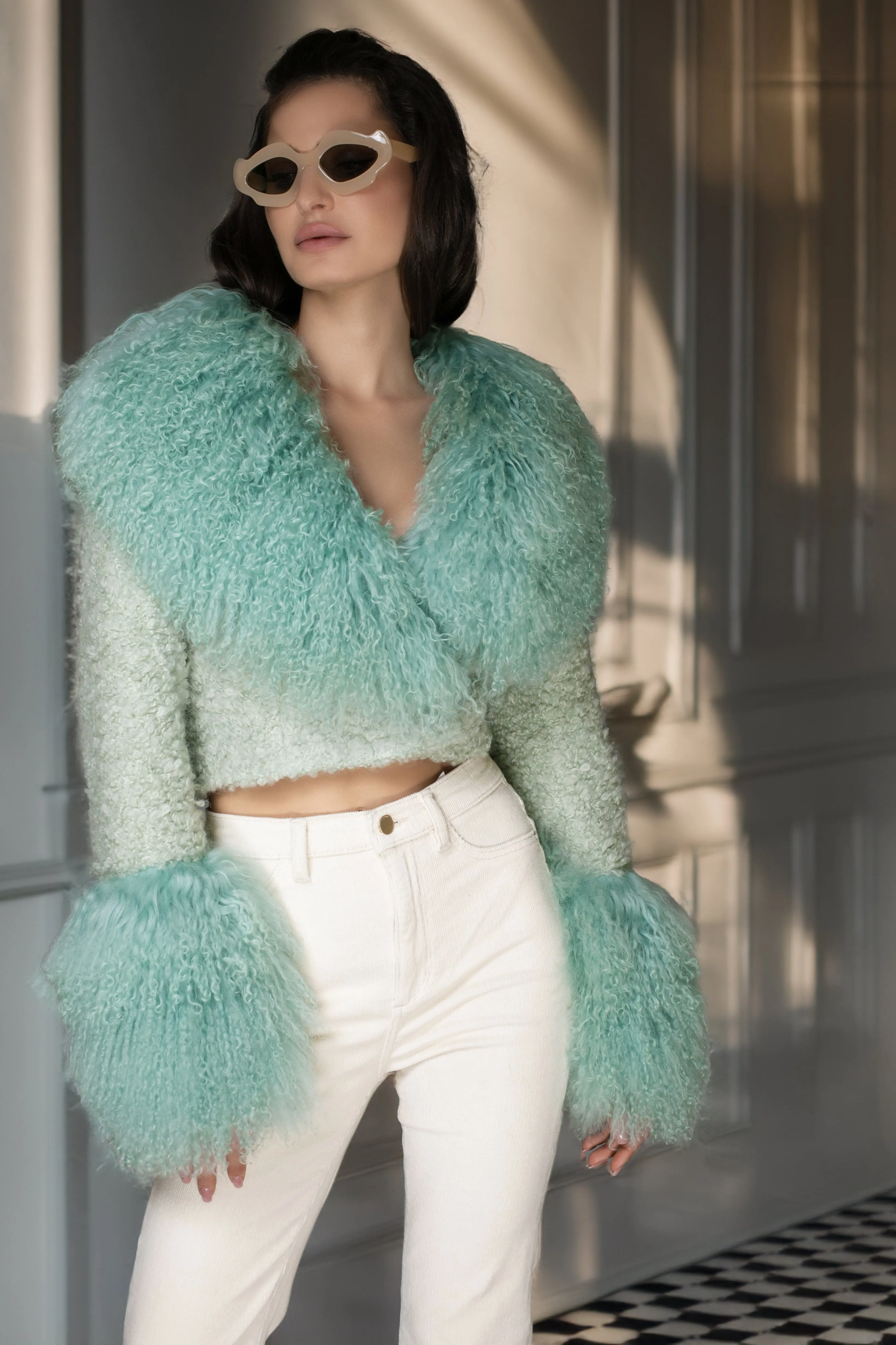 AW Coat - Mint Green Cropped Mongolian Wool