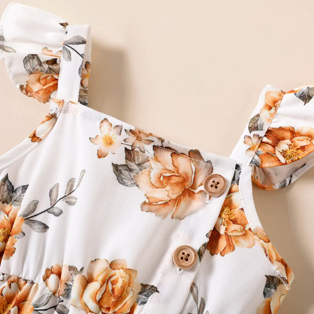 Baby Girl 100% Cotton Solid/Striped/Floral-print Sleeveless Ruffle Jumpsuit