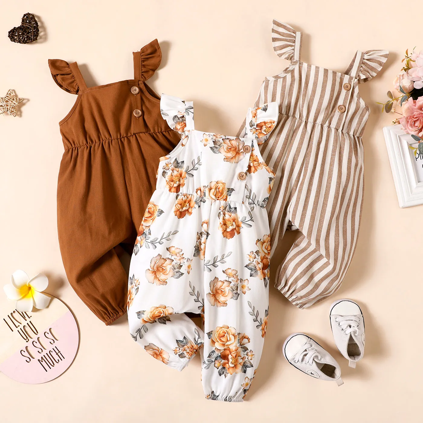 Baby Girl 100% Cotton Solid/Striped/Floral-print Sleeveless Ruffle Jumpsuit