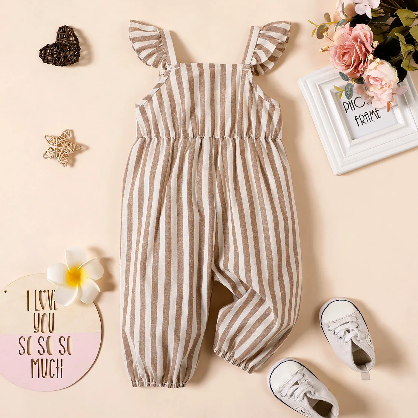 Baby Girl 100% Cotton Solid/Striped/Floral-print Sleeveless Ruffle Jumpsuit