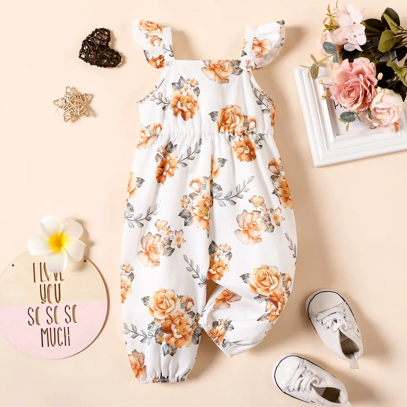Baby Girl 100% Cotton Solid/Striped/Floral-print Sleeveless Ruffle Jumpsuit