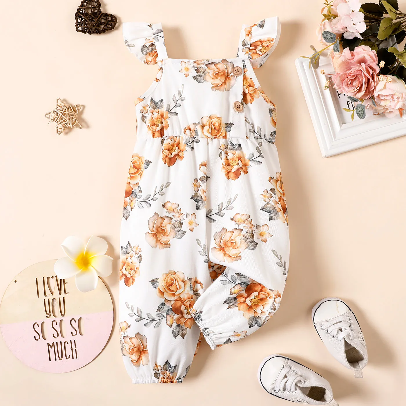 Baby Girl 100% Cotton Solid/Striped/Floral-print Sleeveless Ruffle Jumpsuit