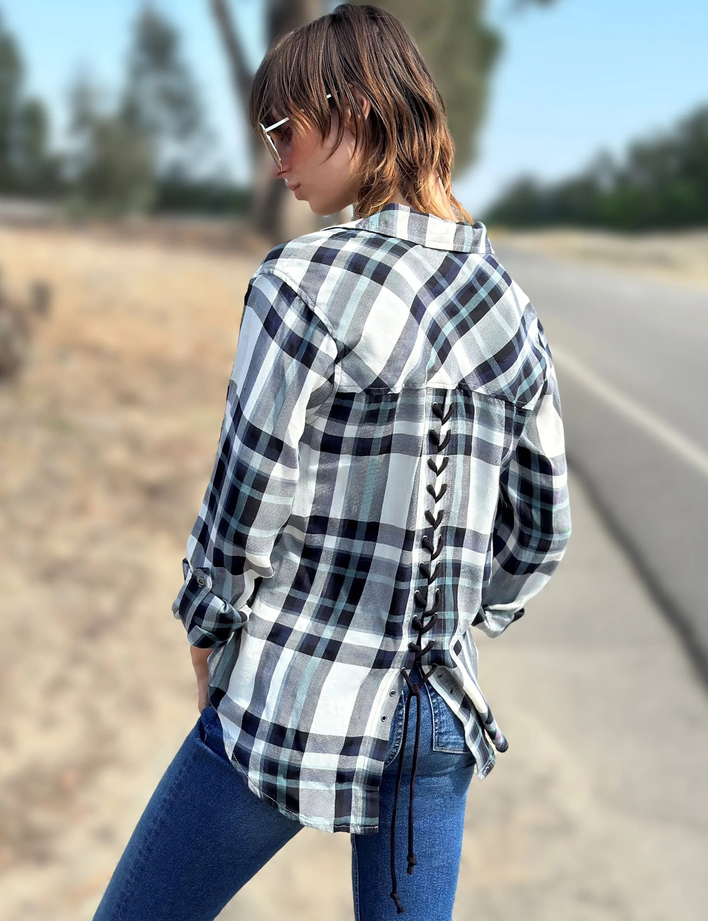 Back Lace Up Button-Down Shirt