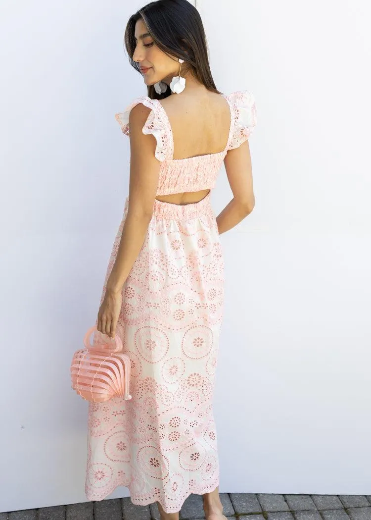 Balboa Embroidered Eyelet Flutter Sleeve Midi Dress-Lt Pink