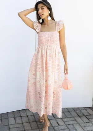 Balboa Embroidered Eyelet Flutter Sleeve Midi Dress-Lt Pink