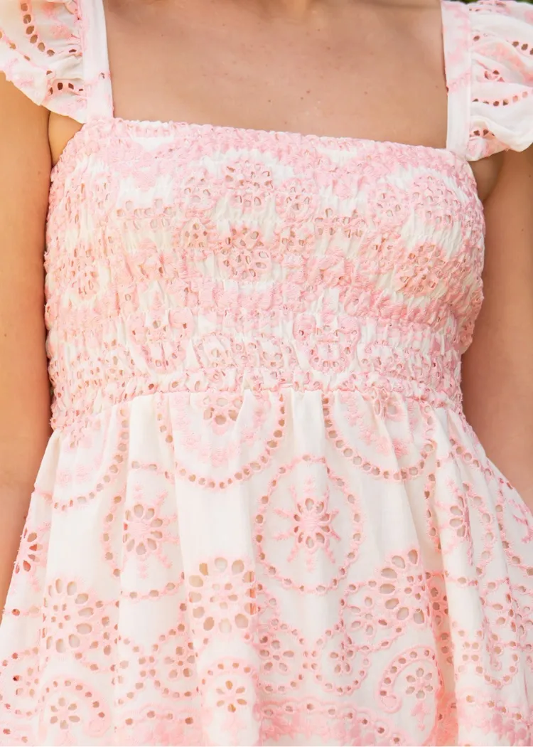 Balboa Embroidered Eyelet Flutter Sleeve Midi Dress-Lt Pink