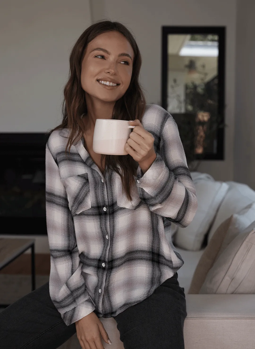 Bella Dahl Two Pocket Button Down Shirt Mauve Rose Plaid