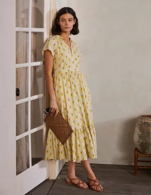 Bernadette Cotton Midi Dress-Corn Yellow, Intricate Leaf