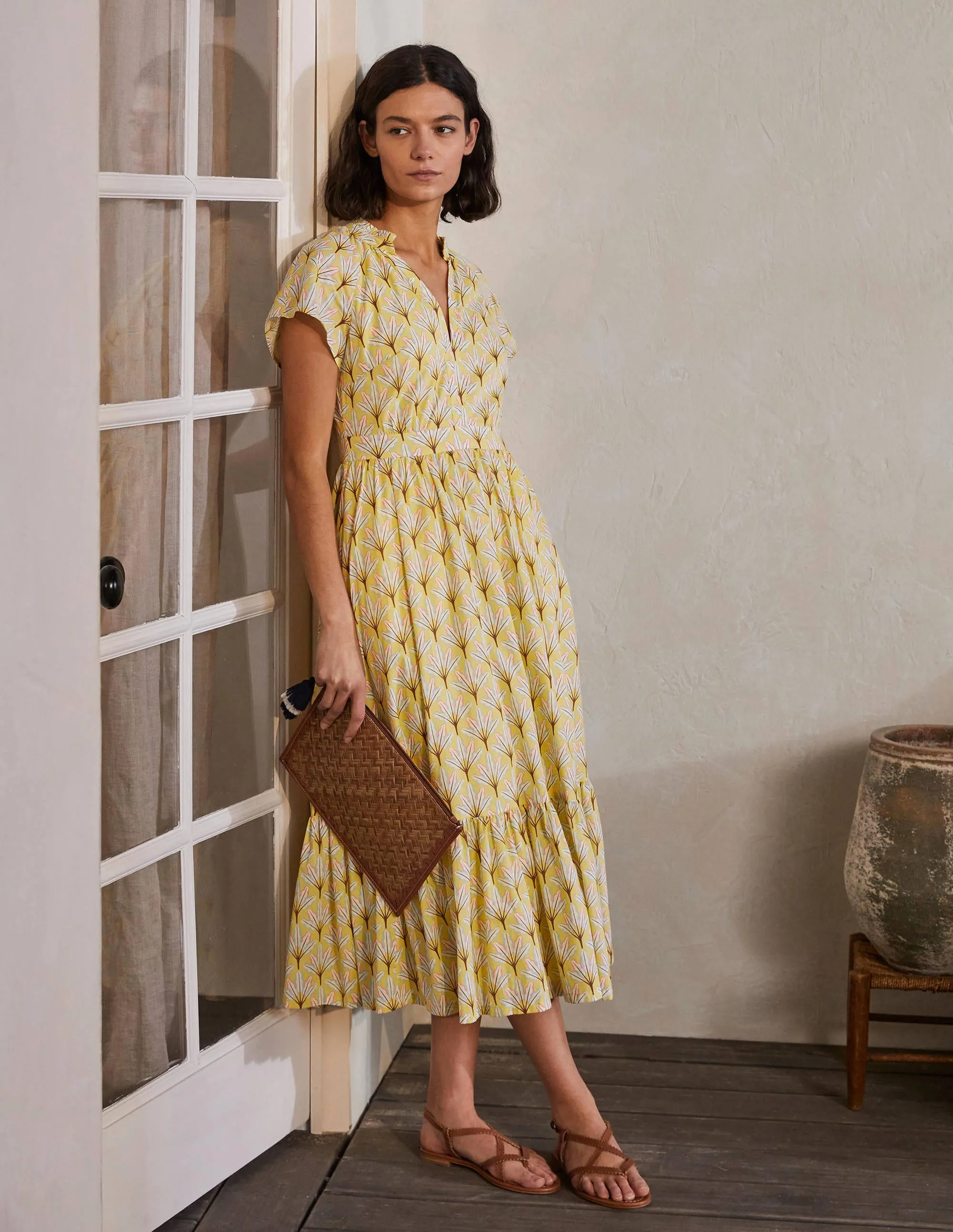 Bernadette Cotton Midi Dress-Corn Yellow, Intricate Leaf