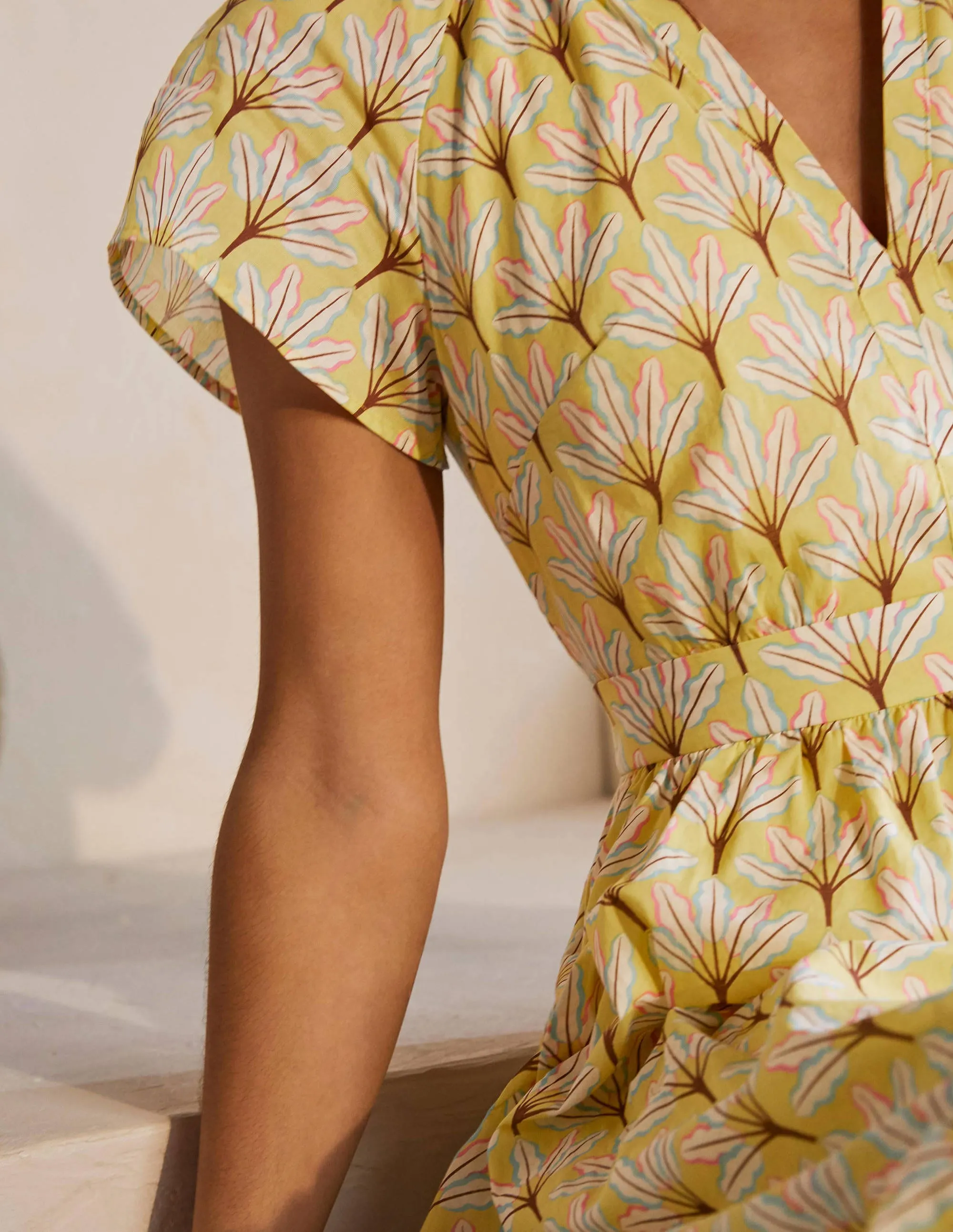 Bernadette Cotton Midi Dress-Corn Yellow, Intricate Leaf