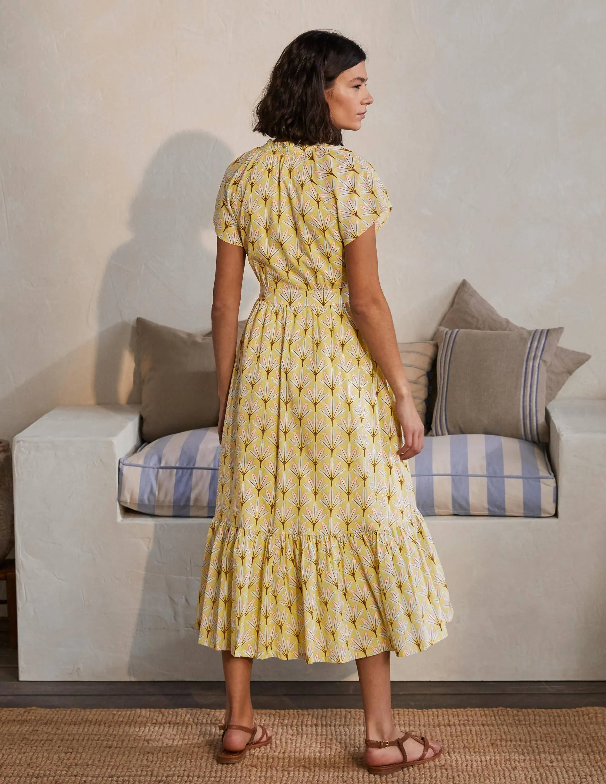 Bernadette Cotton Midi Dress-Corn Yellow, Intricate Leaf