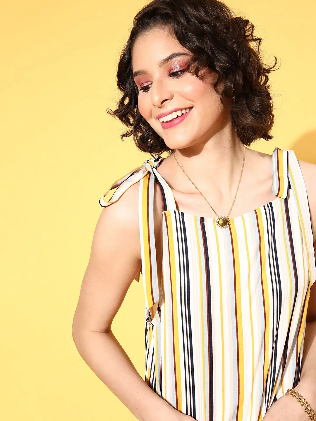 Berrylush Women Cream, Yellow, & Black Stripe Printed Square Neck Tie-Up Strap Mini Playsuit