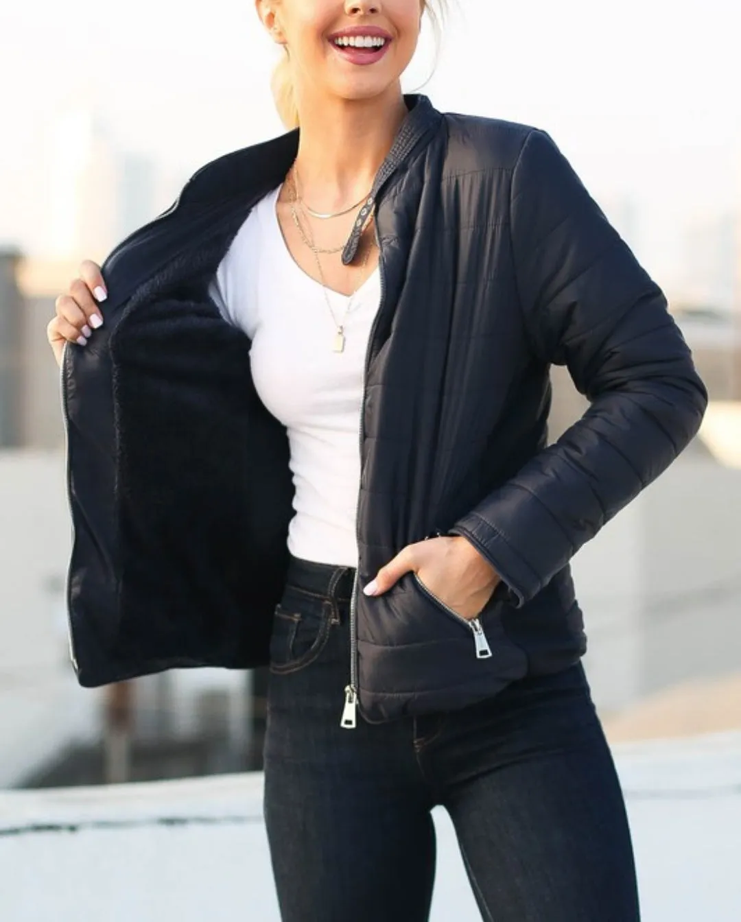 Black Quilted Puffer Jacket With Faux Fur Lining