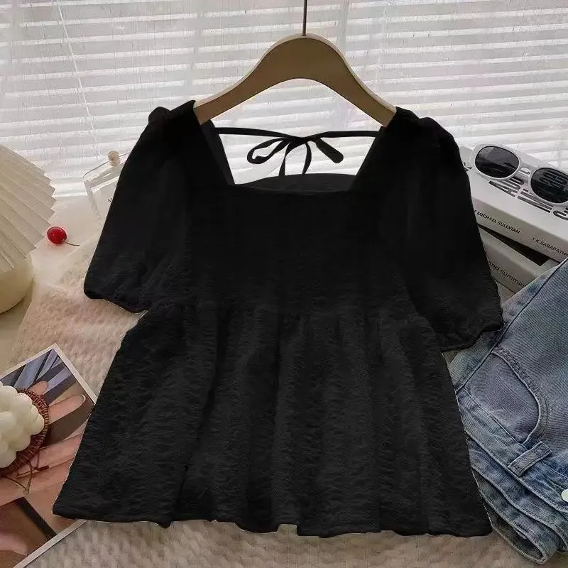 Blouses Women Baggy S-3XL Folds Square Collar Kawaii Clothes Sweet Girlish Temper Chemise Femme French Fashion Preppy Personal
