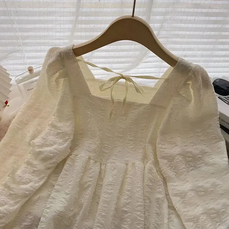 Blouses Women Baggy S-3XL Folds Square Collar Kawaii Clothes Sweet Girlish Temper Chemise Femme French Fashion Preppy Personal