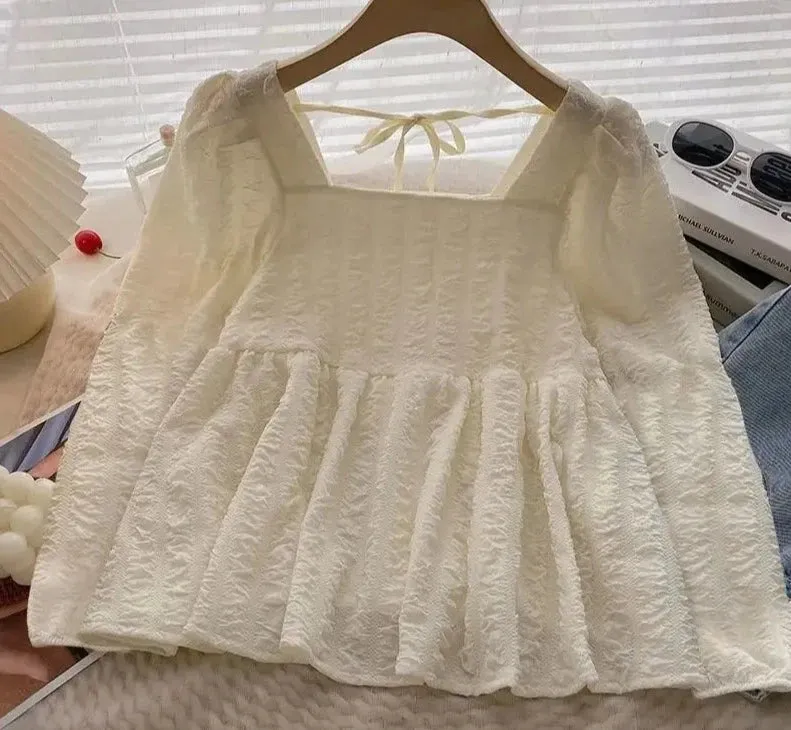 Blouses Women Baggy S-3XL Folds Square Collar Kawaii Clothes Sweet Girlish Temper Chemise Femme French Fashion Preppy Personal