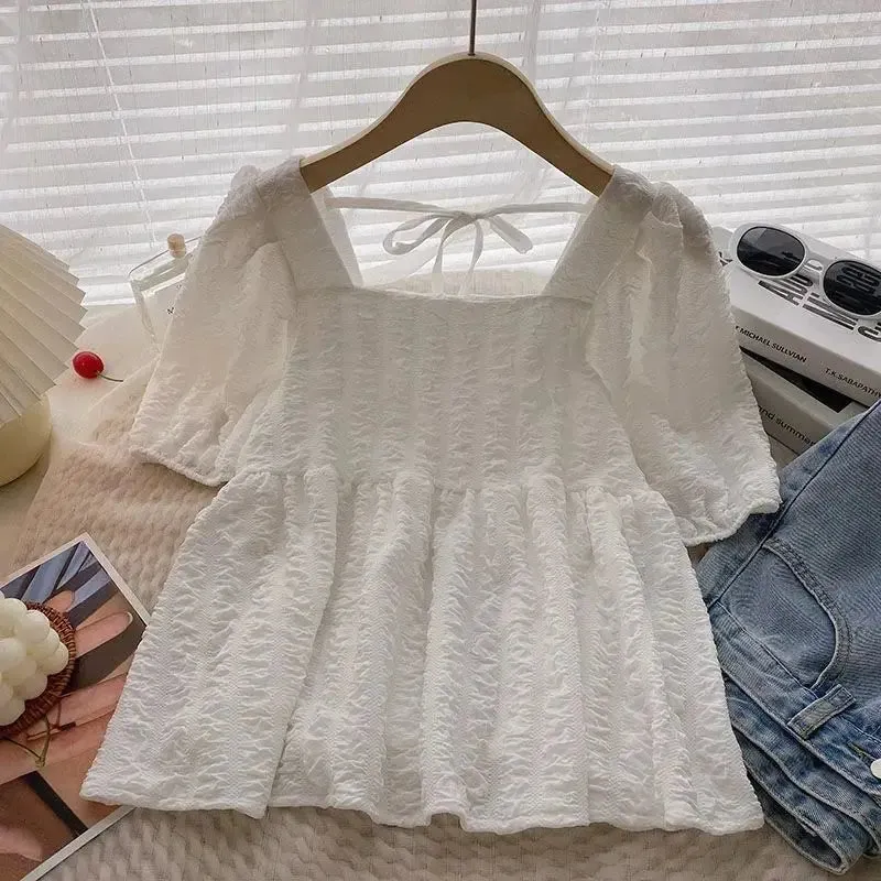 Blouses Women Baggy S-3XL Folds Square Collar Kawaii Clothes Sweet Girlish Temper Chemise Femme French Fashion Preppy Personal