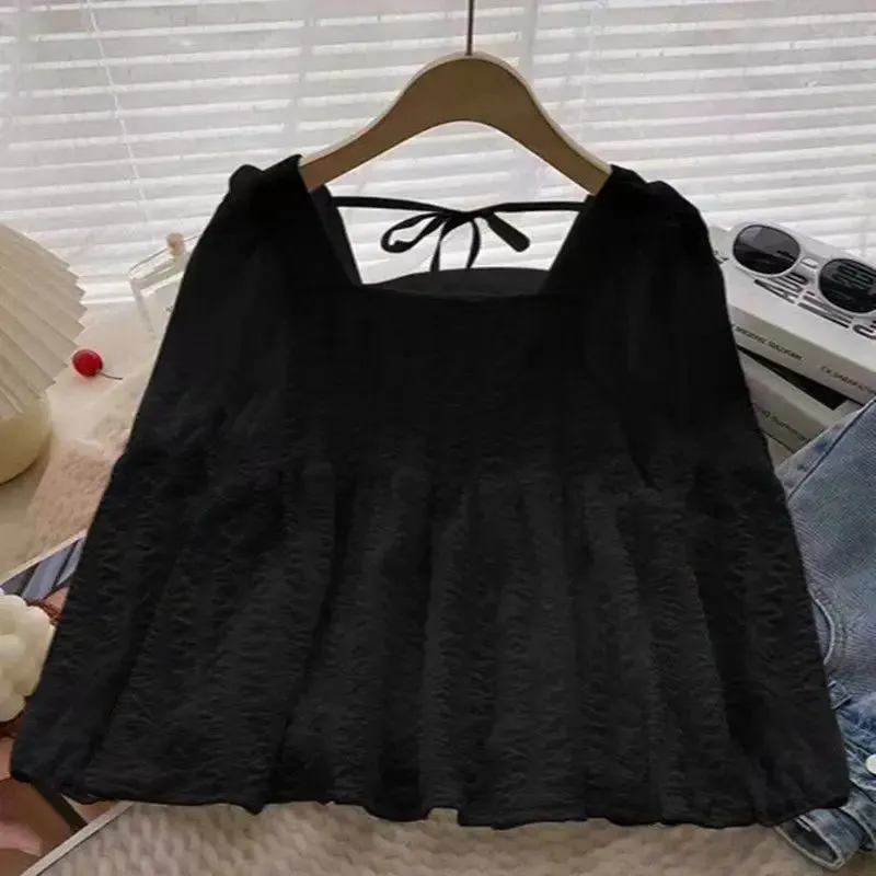 Blouses Women Baggy S-3XL Folds Square Collar Kawaii Clothes Sweet Girlish Temper Chemise Femme French Fashion Preppy Personal