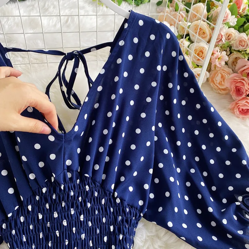 Boho Vintage  Jumpsuit, Boho Romper, Playsuit, Smocked Polka Dot in Orange, Red, Blue and Green