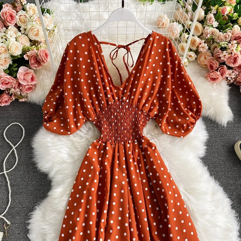 Boho Vintage  Jumpsuit, Boho Romper, Playsuit, Smocked Polka Dot in Orange, Red, Blue and Green