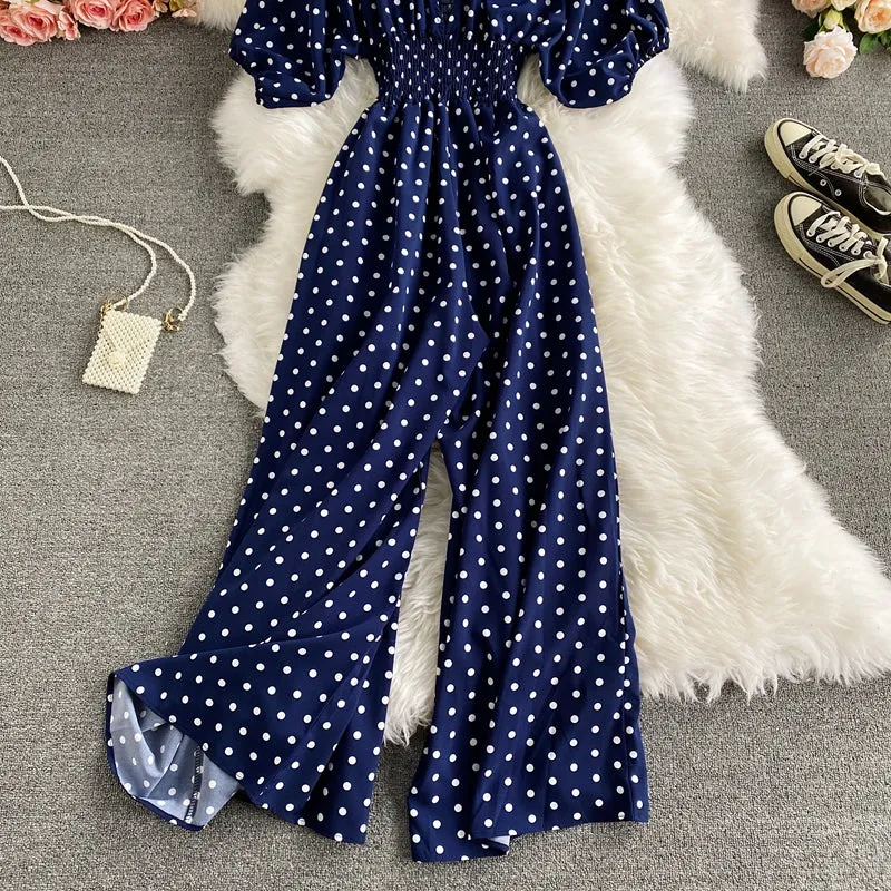 Boho Vintage  Jumpsuit, Boho Romper, Playsuit, Smocked Polka Dot in Orange, Red, Blue and Green