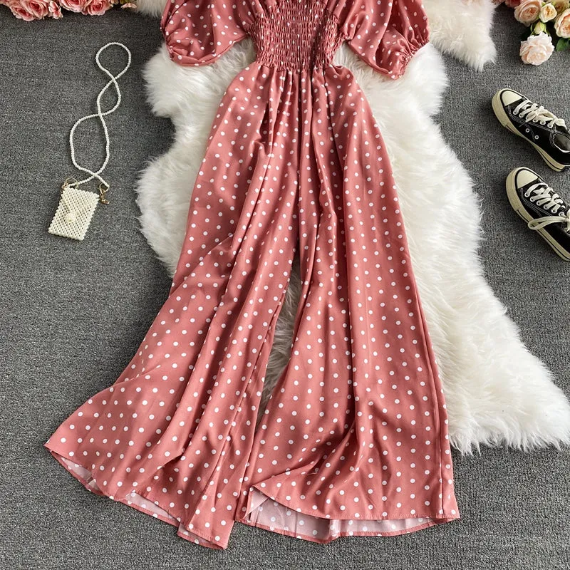 Boho Vintage  Jumpsuit, Boho Romper, Playsuit, Smocked Polka Dot in Orange, Red, Blue and Green