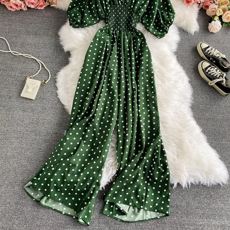 Boho Vintage  Jumpsuit, Boho Romper, Playsuit, Smocked Polka Dot in Orange, Red, Blue and Green