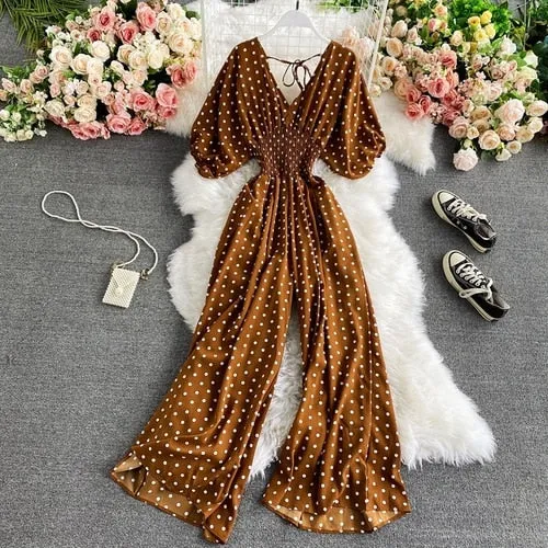 Boho Vintage  Jumpsuit, Boho Romper, Playsuit, Smocked Polka Dot in Orange, Red, Blue and Green
