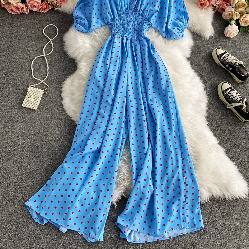 Boho Vintage  Jumpsuit, Boho Romper, Playsuit, Smocked Polka Dot in Orange, Red, Blue and Green