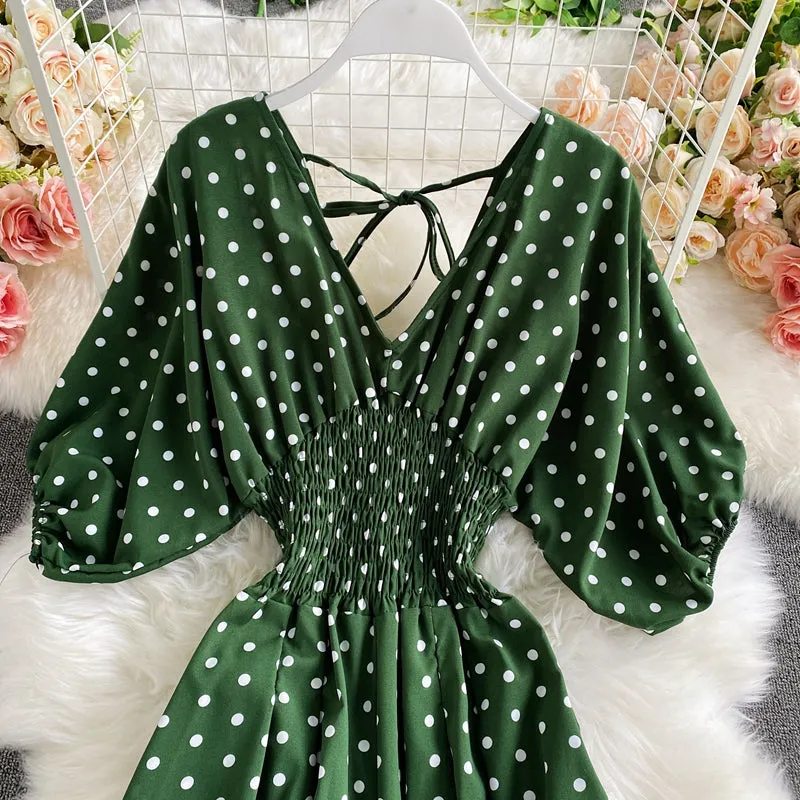 Boho Vintage  Jumpsuit, Boho Romper, Playsuit, Smocked Polka Dot in Orange, Red, Blue and Green