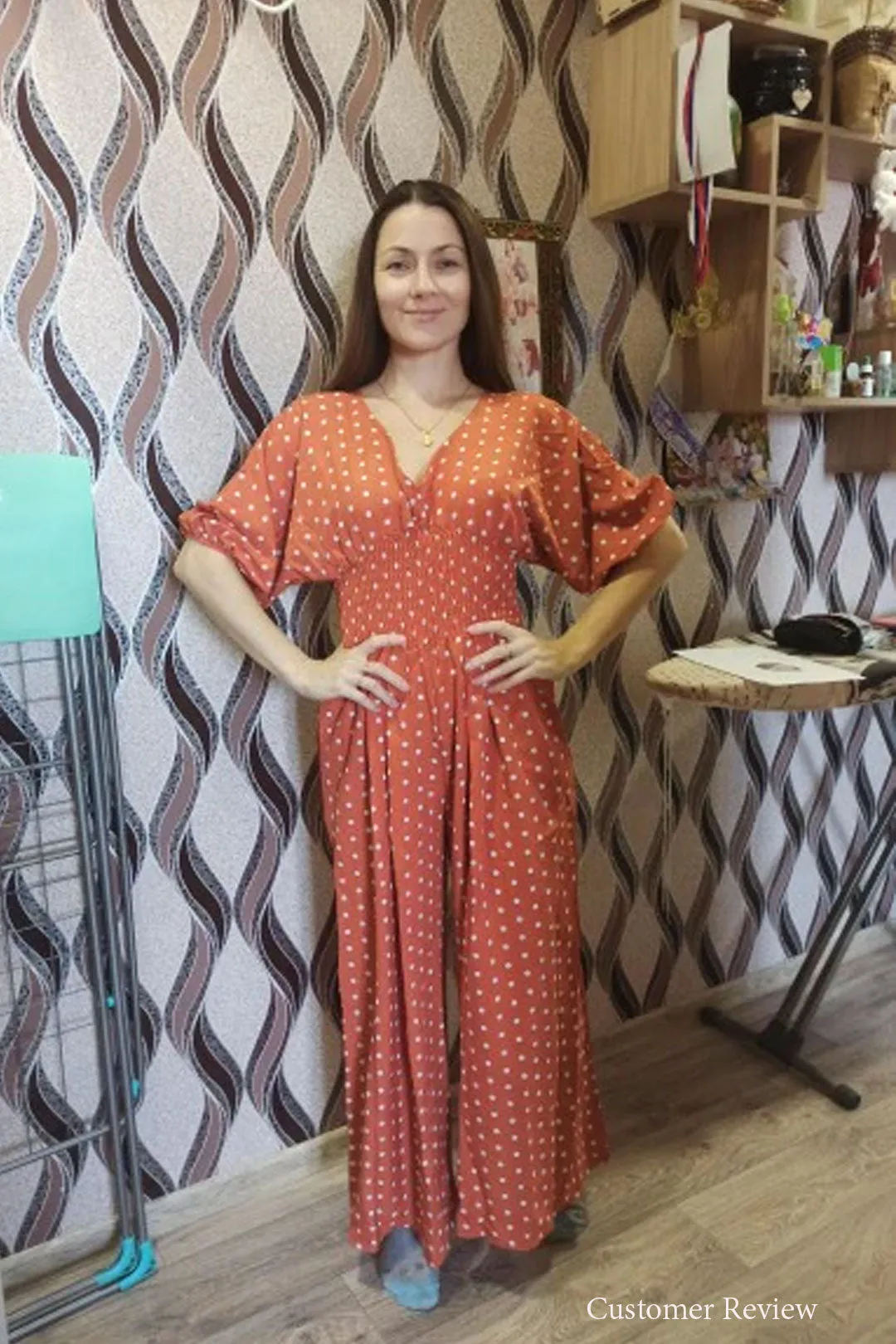 Boho Vintage  Jumpsuit, Boho Romper, Playsuit, Smocked Polka Dot in Orange, Red, Blue and Green