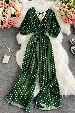 Boho Vintage  Jumpsuit, Boho Romper, Playsuit, Smocked Polka Dot in Orange, Red, Blue and Green