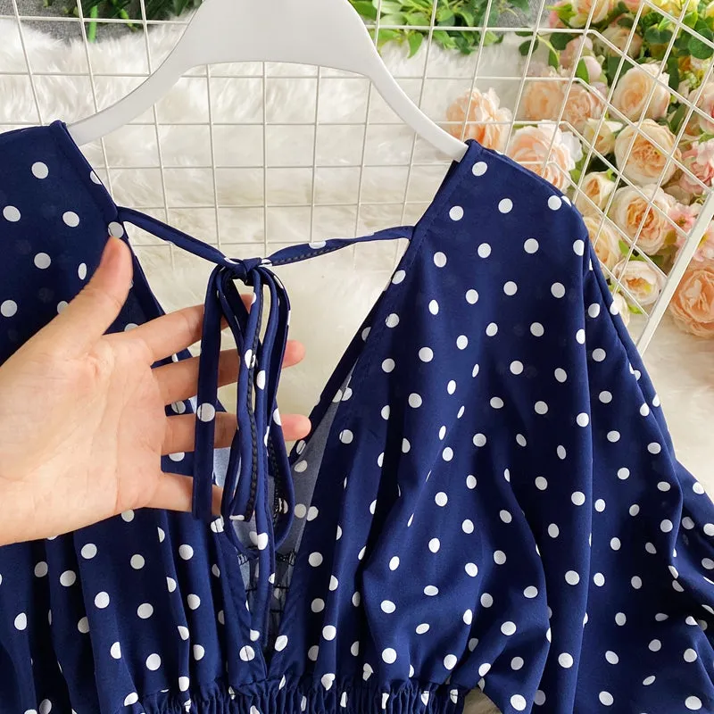 Boho Vintage  Jumpsuit, Boho Romper, Playsuit, Smocked Polka Dot in Orange, Red, Blue and Green
