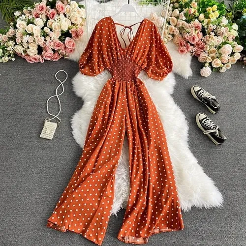 Boho Vintage  Jumpsuit, Boho Romper, Playsuit, Smocked Polka Dot in Orange, Red, Blue and Green