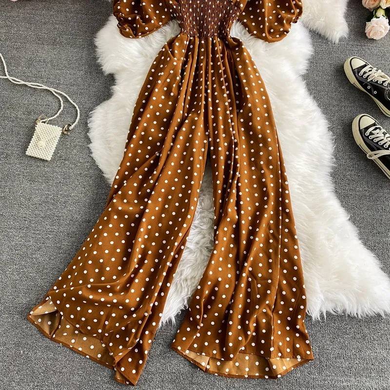 Boho Vintage  Jumpsuit, Boho Romper, Playsuit, Smocked Polka Dot in Orange, Red, Blue and Green