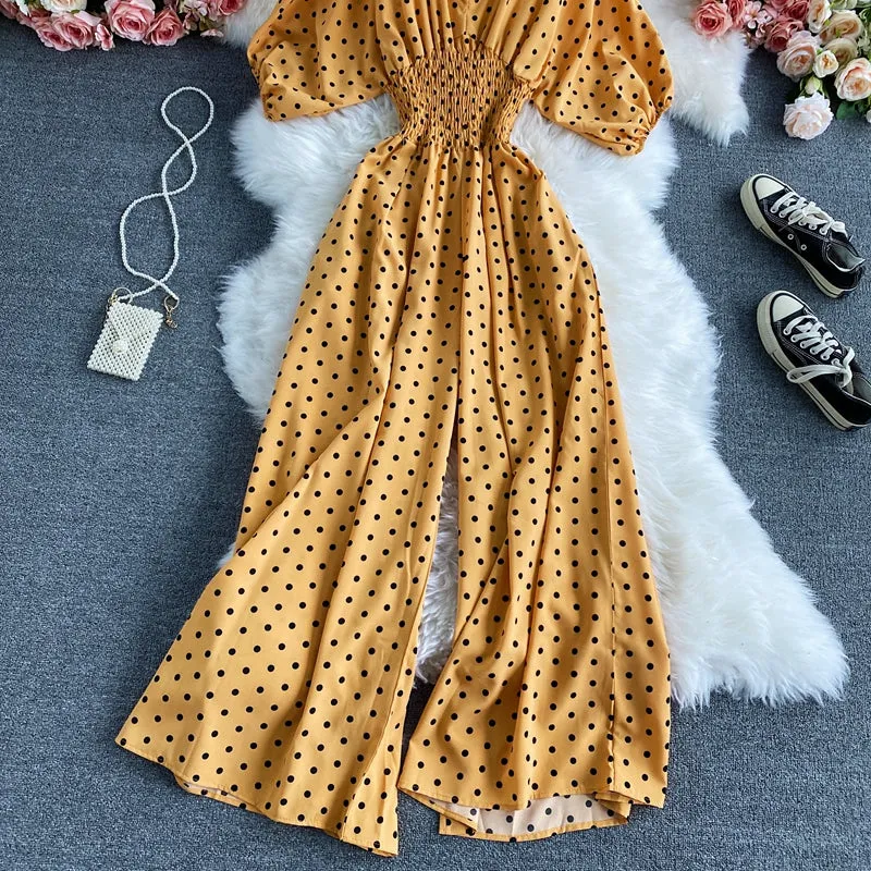 Boho Vintage  Jumpsuit, Boho Romper, Playsuit, Smocked Polka Dot in Orange, Red, Blue and Green