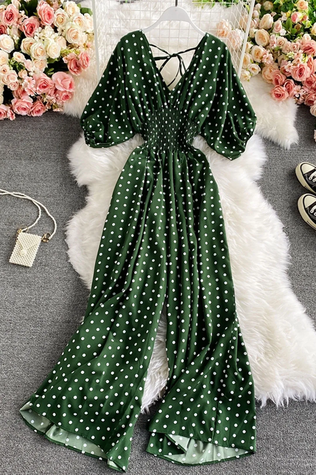 Boho Vintage  Jumpsuit, Boho Romper, Playsuit, Smocked Polka Dot in Orange, Red, Blue and Green