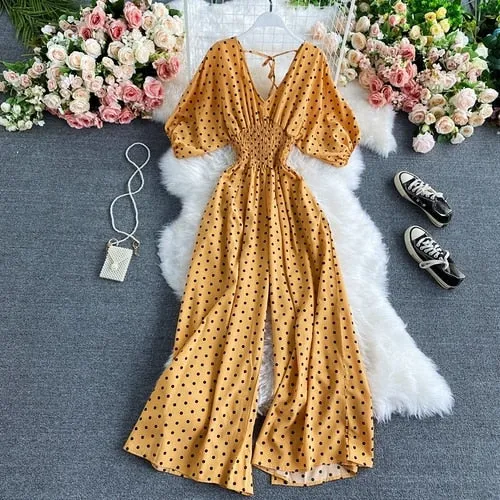 Boho Vintage  Jumpsuit, Boho Romper, Playsuit, Smocked Polka Dot in Orange, Red, Blue and Green