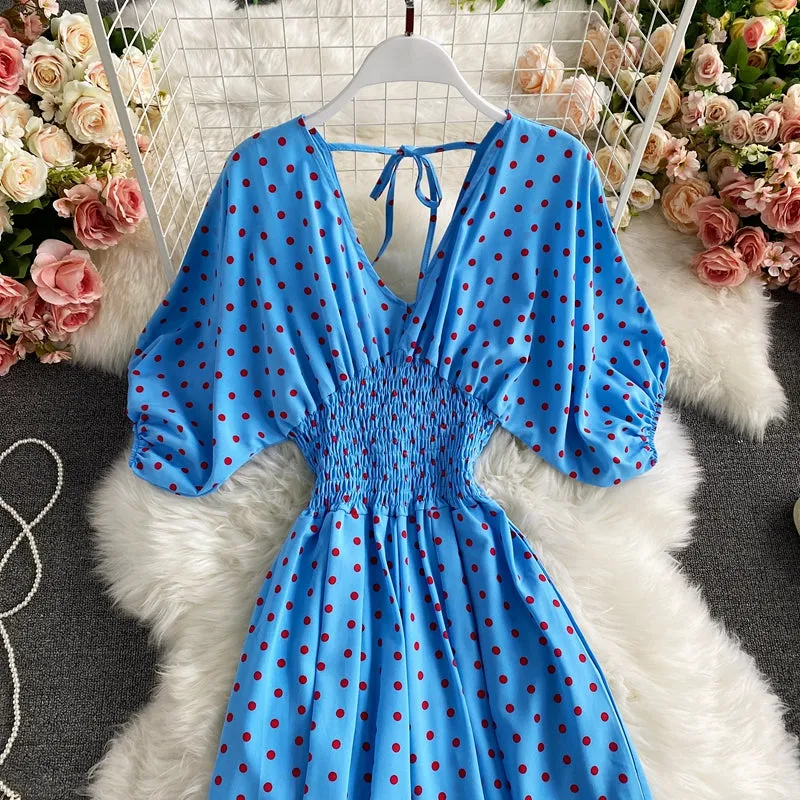 Boho Vintage  Jumpsuit, Boho Romper, Playsuit, Smocked Polka Dot in Orange, Red, Blue and Green